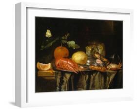 A Crayfish, Prawns and a Lemon on a Pewter Plate on a Draped Table-Jan Davidsz de Heem-Framed Giclee Print