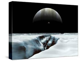A Crescent Jupiter and Volcanic Satellite, Io, Hover over the Horizon of the Icy Moon of Europa-Stocktrek Images-Stretched Canvas