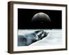 A Crescent Jupiter and Volcanic Satellite, Io, Hover over the Horizon of the Icy Moon of Europa-Stocktrek Images-Framed Photographic Print