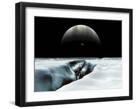 A Crescent Jupiter and Volcanic Satellite, Io, Hover over the Horizon of the Icy Moon of Europa-Stocktrek Images-Framed Photographic Print