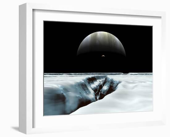 A Crescent Jupiter and Volcanic Satellite, Io, Hover over the Horizon of the Icy Moon of Europa-Stocktrek Images-Framed Photographic Print