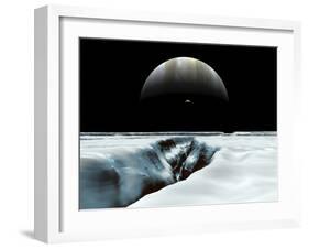 A Crescent Jupiter and Volcanic Satellite, Io, Hover over the Horizon of the Icy Moon of Europa-Stocktrek Images-Framed Photographic Print