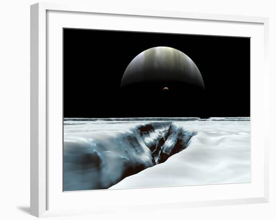 A Crescent Jupiter and Volcanic Satellite, Io, Hover over the Horizon of the Icy Moon of Europa-Stocktrek Images-Framed Photographic Print