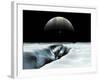 A Crescent Jupiter and Volcanic Satellite, Io, Hover over the Horizon of the Icy Moon of Europa-Stocktrek Images-Framed Photographic Print