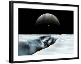 A Crescent Jupiter and Volcanic Satellite, Io, Hover over the Horizon of the Icy Moon of Europa-Stocktrek Images-Framed Photographic Print