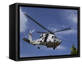 A Crew Chief Looks Out the Side Door of a Helicopter in Flight-null-Framed Stretched Canvas