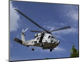 A Crew Chief Looks Out the Side Door of a Helicopter in Flight-null-Mounted Photographic Print