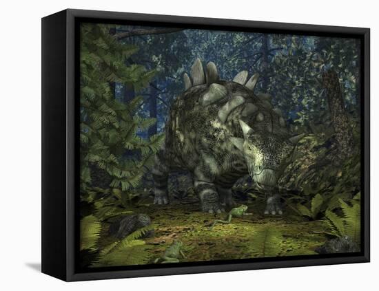 A Crichtonsaurus Crosses Paths with a Pair of Frogs Within a Cretaceous Forest-Stocktrek Images-Framed Stretched Canvas