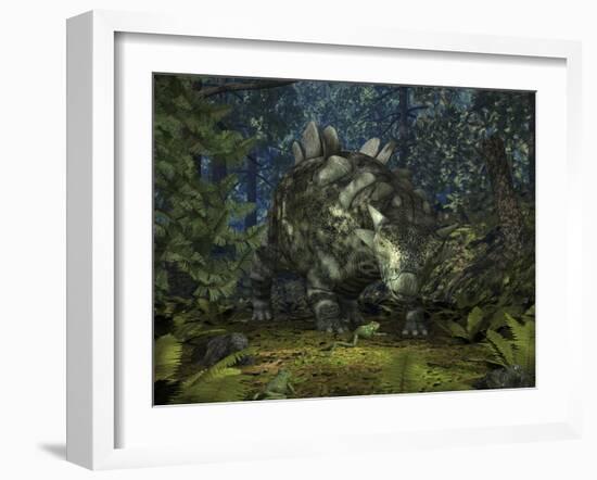 A Crichtonsaurus Crosses Paths with a Pair of Frogs Within a Cretaceous Forest-Stocktrek Images-Framed Photographic Print