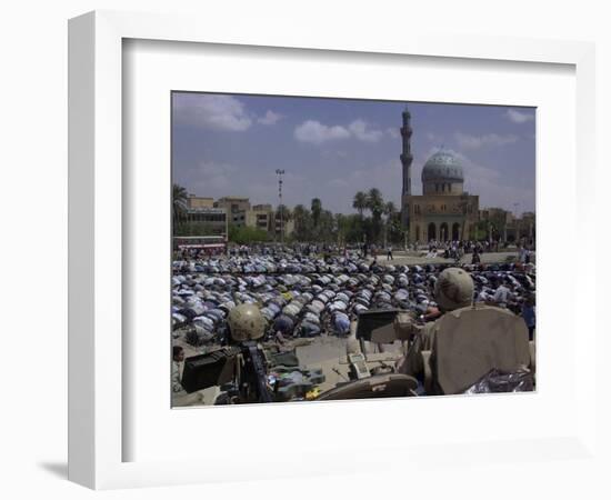 A Crowd of Iraqi Protesters Pray in Front of a U.S. Military Checkpoint-null-Framed Photographic Print