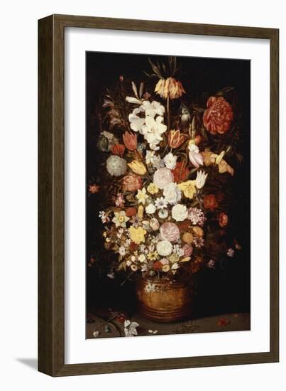A Crown Imperial, a Peony and Other Flowers in a Wooden Tub with Butterflies and Beetles-Jan Brueghel the Elder-Framed Giclee Print