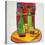 A cubist, abstract still life of wine and cheese. Add a bit of baguette and you have lunch.-Richard Lawrence-Stretched Canvas