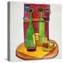 A cubist, abstract still life of wine and cheese. Add a bit of baguette and you have lunch.-Richard Lawrence-Stretched Canvas