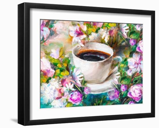 A Cup of Coffee Among Flowers-Koliadzynska Iryna-Framed Art Print