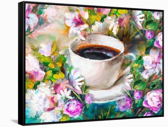 A Cup of Coffee Among Flowers-Koliadzynska Iryna-Framed Stretched Canvas