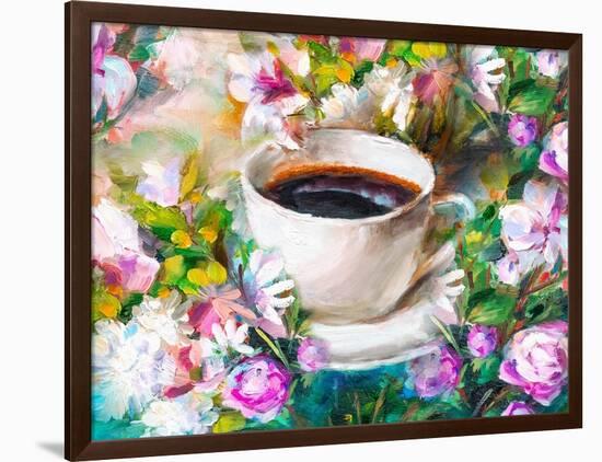 A Cup of Coffee Among Flowers-Koliadzynska Iryna-Framed Art Print