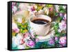 A Cup of Coffee Among Flowers-Koliadzynska Iryna-Framed Stretched Canvas