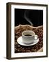 A Cup of Coffee on a Jute Sack Full of Coffee Beans-Gustavo Andrade-Framed Photographic Print