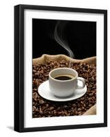 A Cup of Coffee on a Jute Sack Full of Coffee Beans-Gustavo Andrade-Framed Photographic Print