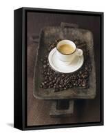 A Cup of Espresso on a Wooden Bowl with Coffee Beans-Anita Oberhauser-Framed Stretched Canvas