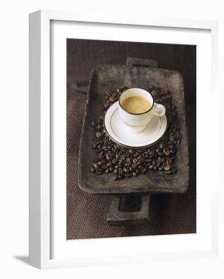 A Cup of Espresso on a Wooden Bowl with Coffee Beans-Anita Oberhauser-Framed Photographic Print