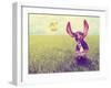 A Cute Basset Hound Chasing a Tennis Ball in a Park or Yard on the Grass Done with a Retro Vintage-graphicphoto-Framed Photographic Print