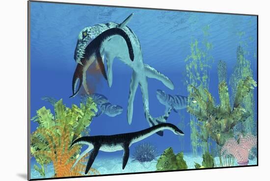 A Dakosaurus Attacks a Small Plesiosaurus-null-Mounted Premium Giclee Print