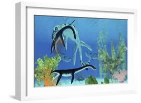 A Dakosaurus Attacks a Small Plesiosaurus-null-Framed Art Print