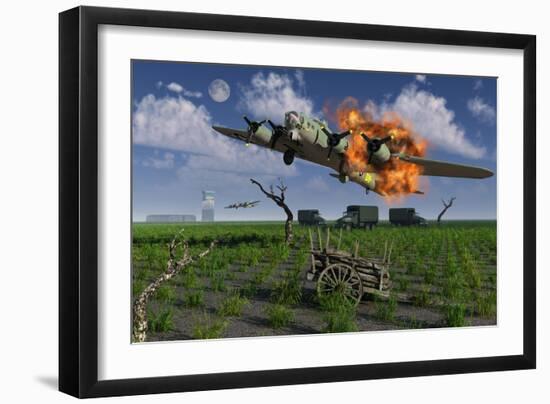 A Damaged B-17 Flying Fortress Attempting an Emergency Landing-null-Framed Art Print