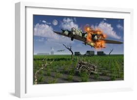 A Damaged B-17 Flying Fortress Attempting an Emergency Landing-null-Framed Art Print