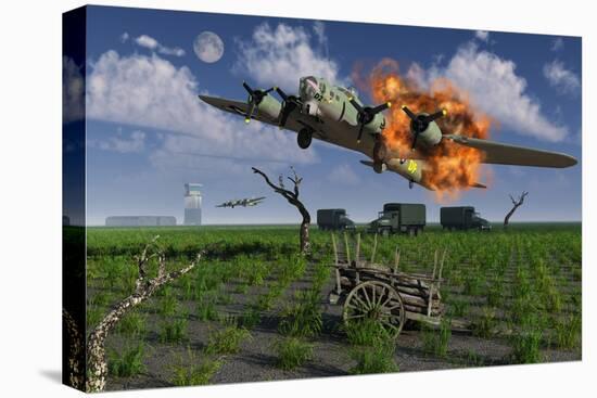 A Damaged B-17 Flying Fortress Attempting an Emergency Landing-null-Stretched Canvas