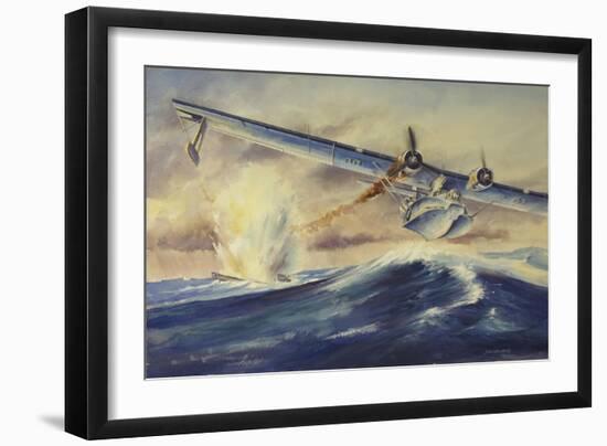 A Damaged Pby Catalina Aircraft after the Attack and Sinking of a German U-Boat-null-Framed Art Print