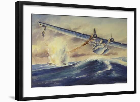 A Damaged Pby Catalina Aircraft after the Attack and Sinking of a German U-Boat-null-Framed Art Print