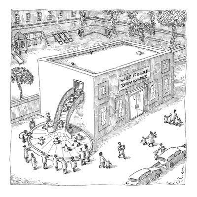 A day care is seen with children riding out of the building onto a baggage…  - New Yorker Cartoon' Premium Giclee Print - John O'brien | AllPosters.com