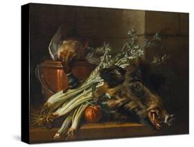 A Dead Mallard, a Boar's Head, Celery and a Copper Pot on a Ledge-Jean-Baptiste Oudry-Stretched Canvas