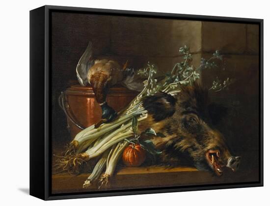 A Dead Mallard, a Boar's Head, Celery and a Copper Pot on a Ledge-Jean-Baptiste Oudry-Framed Stretched Canvas