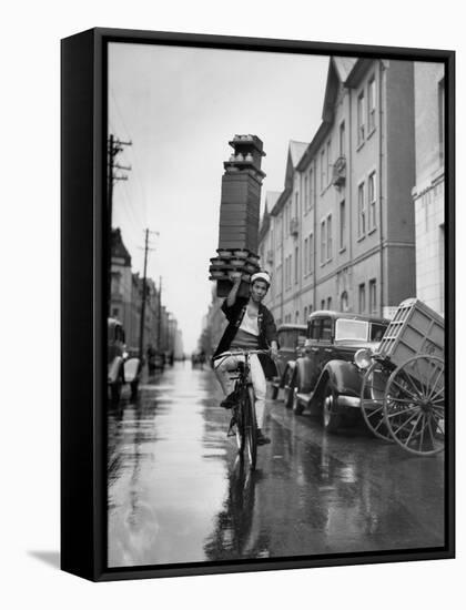 A Delivery Boy for a Tokyo Restaurant Carries a Tray of Soba Bowls-null-Framed Stretched Canvas