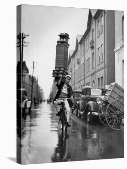 A Delivery Boy for a Tokyo Restaurant Carries a Tray of Soba Bowls-null-Stretched Canvas