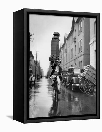 A Delivery Boy for a Tokyo Restaurant Carries a Tray of Soba Bowls-null-Framed Stretched Canvas