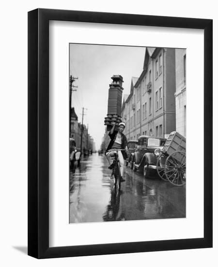 A Delivery Boy for a Tokyo Restaurant Carries a Tray of Soba Bowls-null-Framed Premium Photographic Print