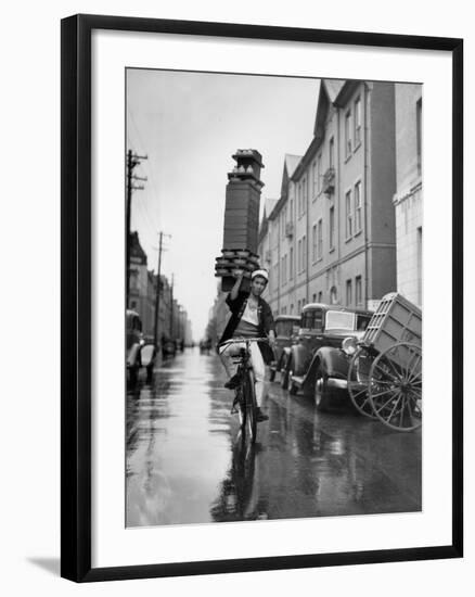 A Delivery Boy for a Tokyo Restaurant Carries a Tray of Soba Bowls-null-Framed Photographic Print