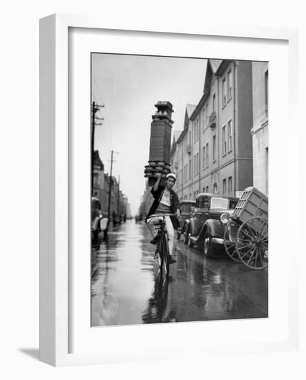 A Delivery Boy for a Tokyo Restaurant Carries a Tray of Soba Bowls-null-Framed Photographic Print