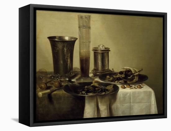 A Dessert, Previously Called Still Life with Silver Tumbler. 1637-Willem Claesz Heda-Framed Stretched Canvas