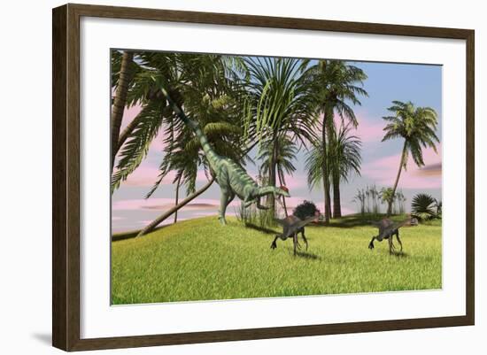 A Dilophosaurus Chasing Two Gigantoraptors across a Grassy Field-null-Framed Art Print