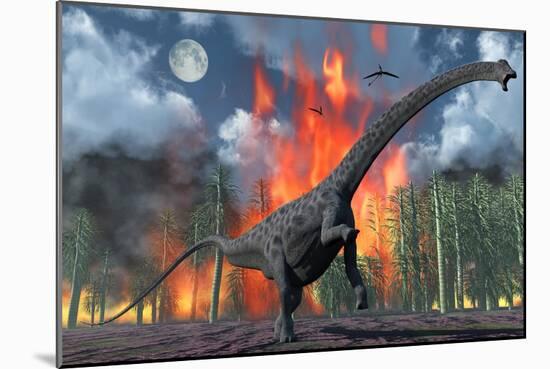 A Diplodocus Sauropod Dinosaur Fleeing from a Forest Fire-null-Mounted Art Print