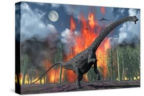 A Diplodocus Sauropod Dinosaur Fleeing from a Forest Fire-null-Stretched Canvas