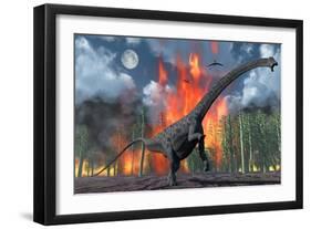 A Diplodocus Sauropod Dinosaur Fleeing from a Forest Fire-null-Framed Premium Giclee Print