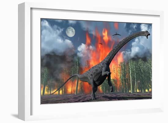 A Diplodocus Sauropod Dinosaur Fleeing from a Forest Fire-null-Framed Premium Giclee Print