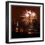 A Display of Fireworks Illuminates the Sky Near the Statue of Liberty-null-Framed Photographic Print