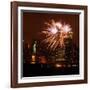 A Display of Fireworks Illuminates the Sky Near the Statue of Liberty-null-Framed Photographic Print